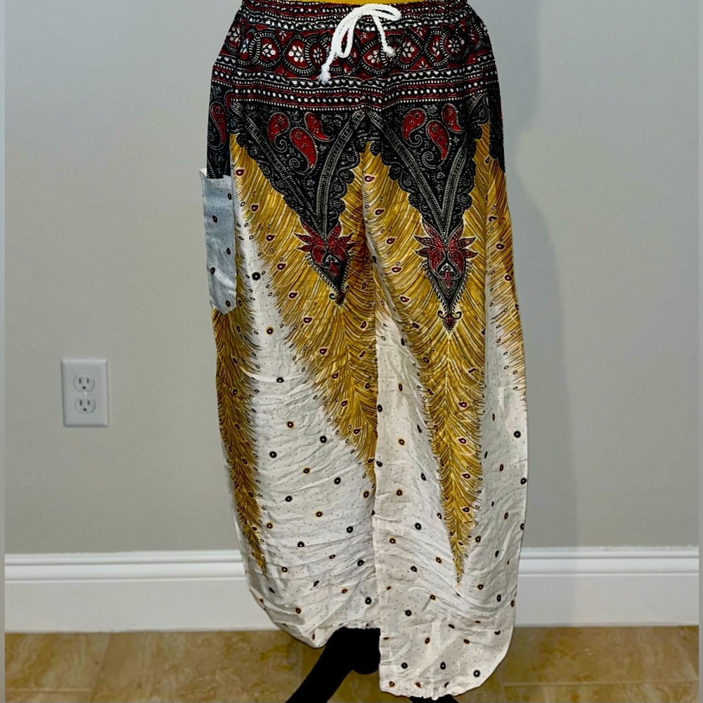 OurWellnessSerenity harem pants unique design golden beige and white linen
